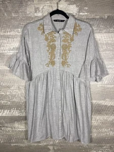 Gray Brown Embroidered Empire Relaxed Shirt Dress Sz S Boho Lagenlook Distressed - Picture 1 of 24