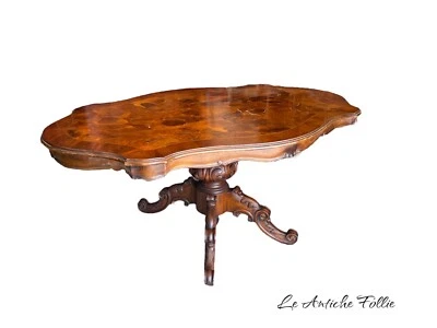 Table précieuse en bois noyer et racine incrustée Italie XXe siècle - Photo 1/4