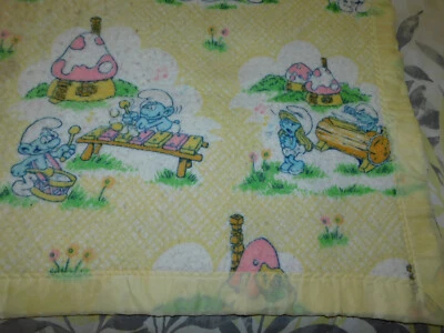 MANTA PITUFO DE COLECCIÓN CUNA POLI ACRÍLICO BORDE SATINADO RIBETE NIÑO NIÑA HECHA EN EE. UU. ~RARA Foto 1 de 4