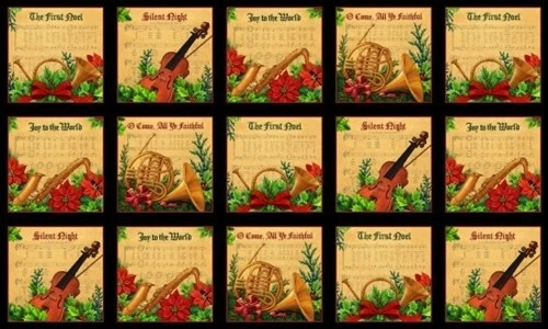 Musical Christmas Instruments Church Hymns Holiday 24x44 Cotton Fabric Panel - Image 1 of 1