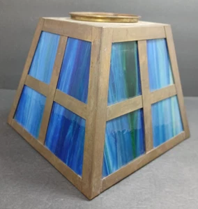 Vtg Mission Arts & Crafts Lamp Shade Blue & Green Stained Slag Glass & Metal - Picture 1 of 12