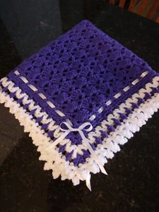 Handmade NEW crochet baby blanket Violet Purple-white trim Afghan Shells Thick - Picture 1 of 12
