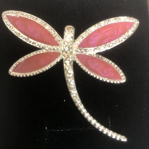 Signed AVON Vintage DRAGONFLY BROOCH Pin Rhinestone Pink Enamel Costume Jewelry - Picture 1 of 9