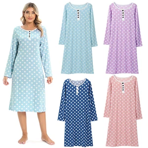 Spring Summer Lady LongSleeve Sleepdress Polka Dot Dress Soft Pajamas Round Neck - Picture 1 of 16