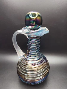Amerikanische Kunst Glas Gewinde irisierende Cruet Öl Dekanter Cruet mit Stopfen 7"h - Bild 1 von 8