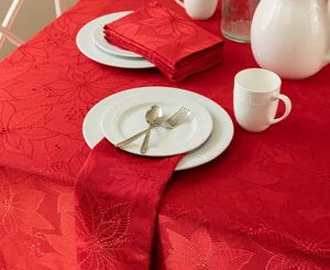 BENSON MILLS RED POINSETTIA CHRISTMAS RAISED JACQUARD TABLECLOTH 70" ROUND NEW - Picture 1 of 8