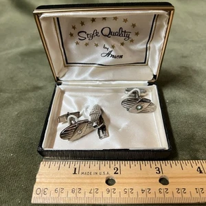 Anson Tie Clasp Clip Cufflinks Set Silver Tone - Clear Stone in Box - Picture 1 of 7