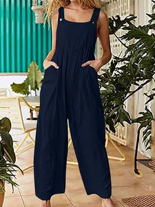 Damen Jumpsuit mit Taschen ärmellos weite Beine Übergröße Overall NKFX - Bild 1 von 8