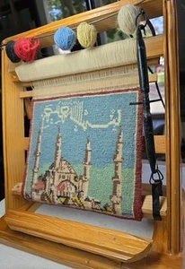 Vintage Salesman Sample Mosque persian Wool Rug Wooden Tabletop Pine Frame Loom - Picture 1 of 9