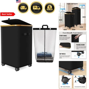 Laundry Hamper with Wheels 20 Gal Black Foldable Clothes Basket with Lid - Picture 1 of 11
