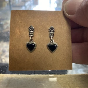 Sterling Silver Heart Stud Earrings Black Onyx And Marcasite Stones - Picture 1 of 4