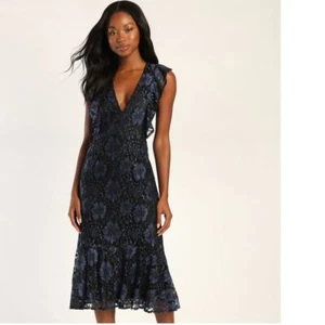Lulus Women Small Blue Black Lace Ruffled Midi Dress Molinetto Divinely Dramatic - Picture 1 of 9