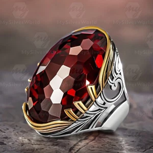 925 Sterling Silver Faceted Red Cubic Zirconia Stone Turkish Huge Men's Ring - Picture 1 of 6