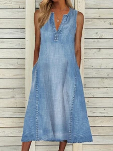 Mujeres Cuello en V Sin Mangas Denim Jeans Vestido sin Mangas Damas Informal Midi Solero · - Imagen 1 de 8