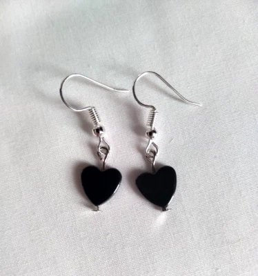 Hematite Heart Bead Drop Hook Earrings Blood Stone Crystal Silver Tone Simple  - Image 1 of 4