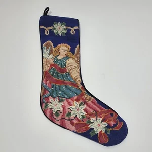 Engel Weihnachtsstrumpf Wolle Nadelspitze blau Samtrücken Vintage gefüttert - Bild 1 von 4