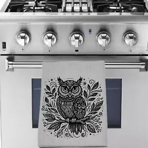 Owl Printed Kitchen Dish Towel 16x24 Gray Absorbent Waffle Weave Boho Home Decor - Picture 1 of 3