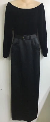 Vestido Largo Bill Blass Marrón Chocolate Terciopelo Negro Satén Falda Larga Cinturón Talla 4 Foto 1 de 4