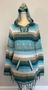 Alpaka Boho Wolle blau, weiß, beige Streifen Pullover Hoodie Erwachsene Medium Made in Peru - Bild 1 von 12