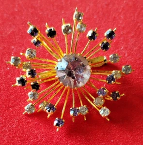 BROCHE VINTAGE DORE - PLAQUE OR PIERRES SEMI PRECIEUSES - SOLEIL RAYONS - Picture 1 of 2