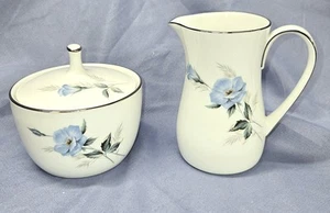 Noritake Sylvia 6603 Creamer & Covered Sugar Bowl Set Vintage 1970s Blue Flower - Picture 1 of 3