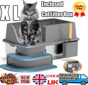 Enclosed Cat Litter Box Stainless Steel High Sided Litter Box with Scoop NEW - Picture 1 of 8