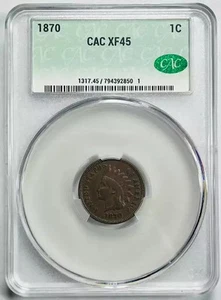 1870 Small Cents Indian Head Penny CACG XF 45 BN CAC - Picture 1 of 3