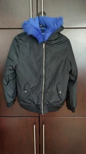 Calvin Klein Jeans Black Blue Faux Fur Hood Girls Bomber Jacket size 16 - Picture 1 of 10
