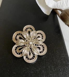 925 silver filigree flower circle pin brooch vintage - Picture 1 of 3