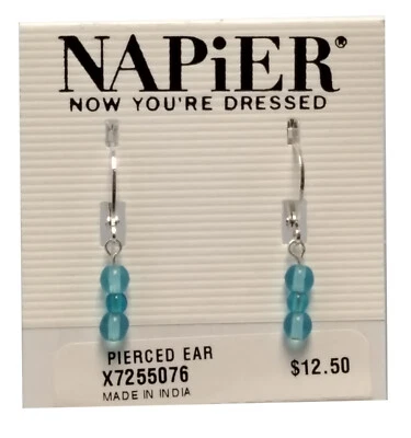 Napier Dainty Light Blue Beaded Dangle Earrings Pierced Leverback Silver Tone 1" - Изображение 1 из 4