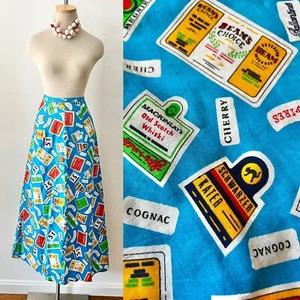 COGNAC & Whiskey 60s 1960’s Vintage Novelty Print A-Line Turquoise Maxi Skirt XS - Picture 1 of 12