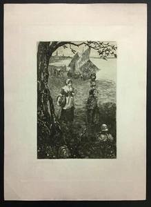 RARE Listed Artist ~ AMERICAN ETCHING REVIVAL ~ 1890s Ships at the Beach - Picture 1 of 7