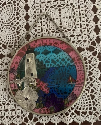 Lighthouse Round Stained Glass Window Suncatcher Ornament Metal 4 In With Chain - Image 1 of 4