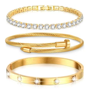 Gold Bracelets for Women-3Pcs,18K Gold Plated Love Bangle Bracelet Set ,Cryst... - Picture 1 of 9