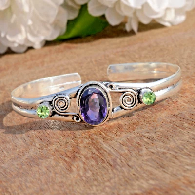 Faceted Amethyst & Peridot Cut Gemstone 925 Sterling Silver Handwork Bangle Cuff - Image 1 of 4