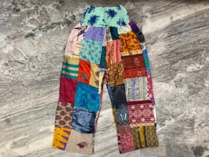 Hippie Patchwork Silk Funky Palazzo Pants Recycled Sari Silk Patchwork Trouser - Picture 1 of 15