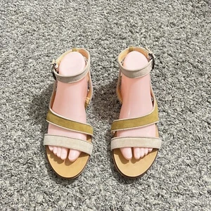 J. Crew Size 9 Ankle Strap Sandals Suede Yellow Tan Color Flats Summer Italy New - Picture 1 of 7