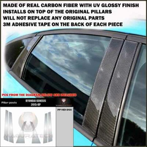 FITS HYUNDAI GENESIS 2015-19 REAL BLACK CARBON FIBER WINDOW PILLAR POSTS - 6 PCS - Picture 1 of 1