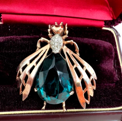 REJA ABS RARE SIGNED ANTIQUE BUG BROOCH STERLING SILVER VERMEIL GREEN EMERALD CL - Image 1 of 4