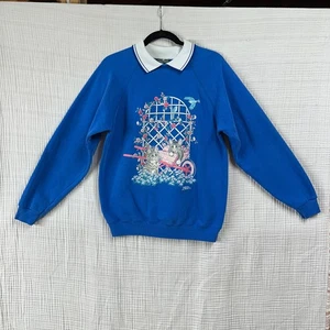 VTG Morning Sun Kittens Birds Collared Sweatshirt Large Made In USA Granny core - Picture 1 of 9