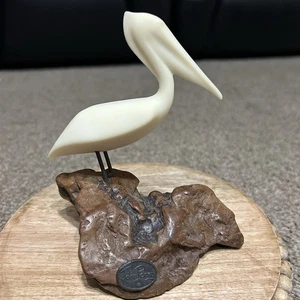 Vintage John Perry Pelican Sculpture Statue Bird On Burl Wood Beach Decor - Picture 1 of 9