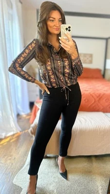 Vintage 70’s Donnkenny Size 12 Black Floral Striped Long Sleeve Tie Waist Blouse - Image 1 of 4