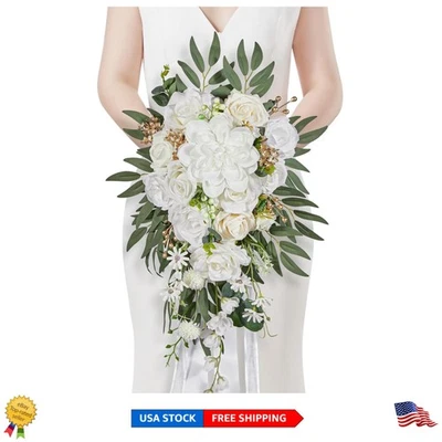 Ramo de novia atemporal de 19,7 pulgadas con rosas de seda y hojas doradas, siempre fresco Foto 1 de 4