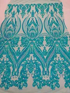 Sequins Fabric - Iridescent Mint - 4 Way Stretch Damask Design Sold By Yard - Picture 1 of 4