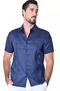 Bohio 100% Linen Guayabera Shirt for Men - Navy Traditional (4)-Pocket - LS499 - Picture 1 of 6