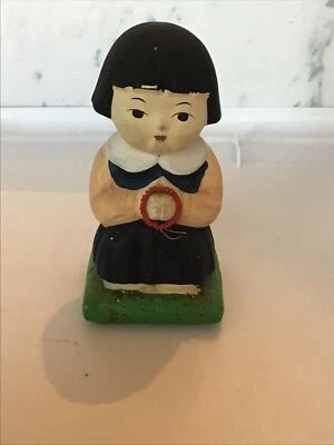 Vintage Japanese Girl Praying on Pillow Clay Doll Pottery Statue Ceramic Okimono - Image 1 of 4