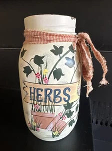 Herbs Glass Hand Painted Tall Mason Jar Cottagecore Farmhouse Chic Garden - Picture 1 of 6