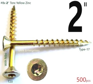 Torx T20 Star Flat Head 8 x 2 Yellow Zinc Type 17 Outdoor Wood Screw (500)  - Picture 1 of 1