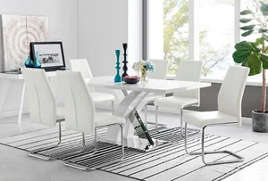 ATLANTA White High Gloss and Chrome Dining Table & 6 Faux Leather Lorenzo Chairs - Picture 1 of 61