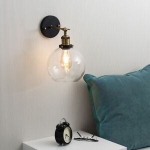 Industrial Black Wall Light Fitting Clear Glass Globe Shade LED Filament Bulb